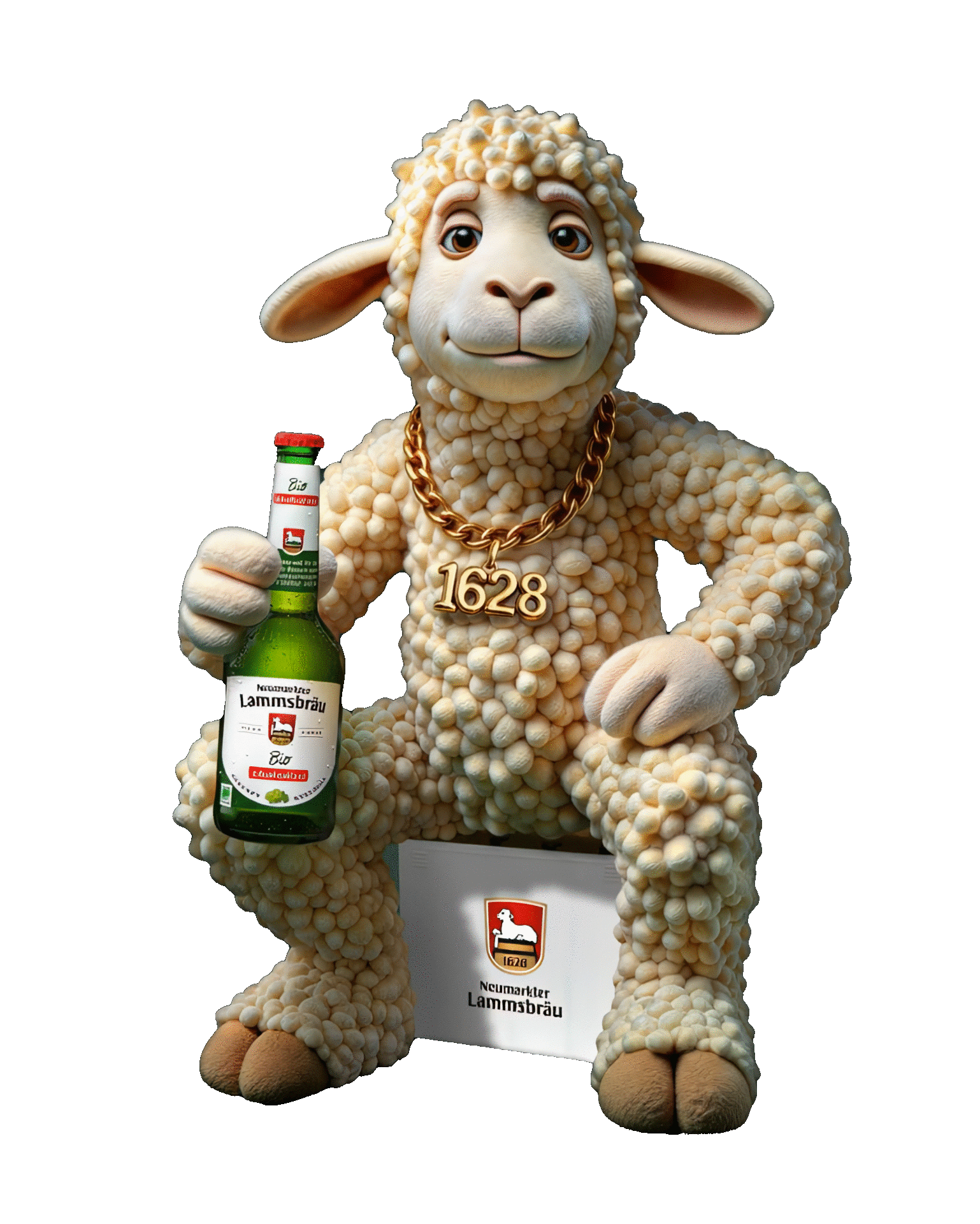 Lämmi sitzt auf einem Lammsbräu Kasten und trinkt ein Lammsbräu Bio Bier