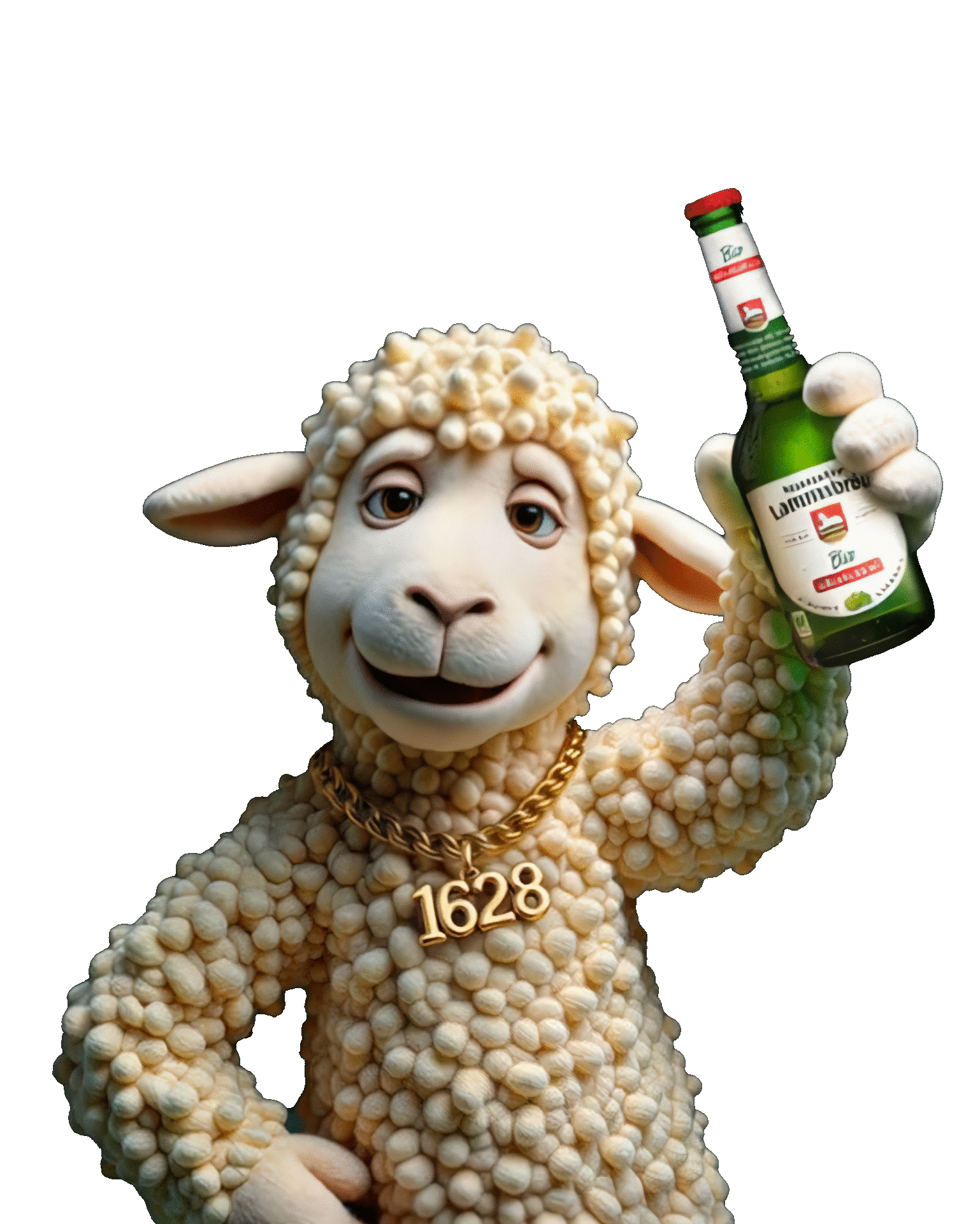 Lämmi lachend mit einem Lammsbräu alkoholfrei grüßend nach oben gestreckt